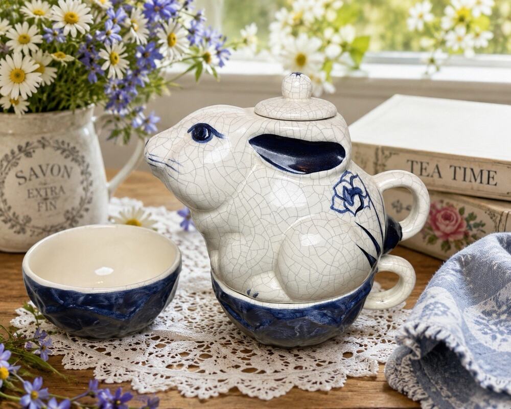 Blue White Rabbit Bunny Teapot w Cup Base Crackle Glaze USA Pottery 3 PCS